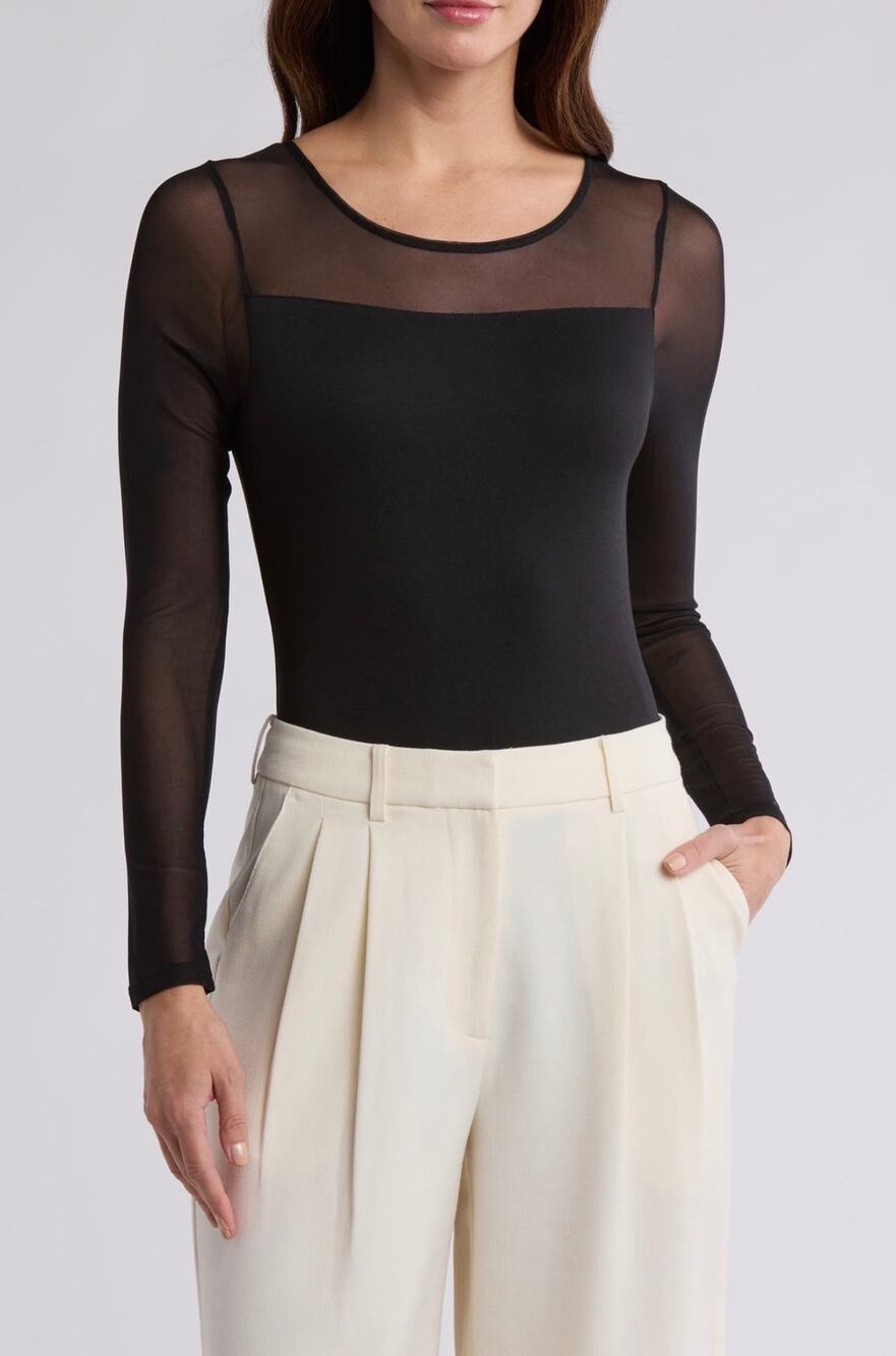 NWT French Connection Black Mesh Long Sleeve Bodysuit Sz. S